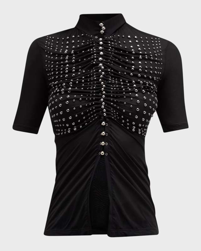 Haut Stud Embellished Ruched Short-Sleeve Top